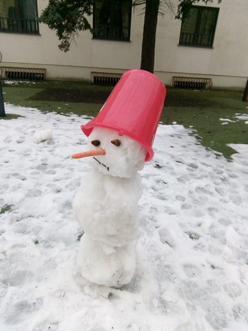 Sniegavīrs ar burkānu deguna vientā un spaini galvā.