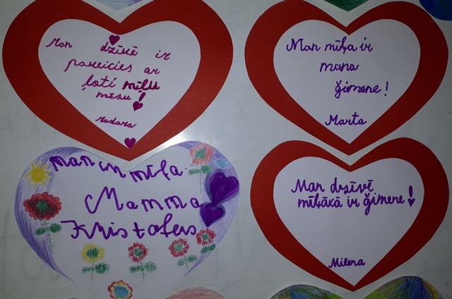 4 sirdis ar uzrakstiem, ko parakstījuši katrā Madara, Marta, Milēna, Kristofers