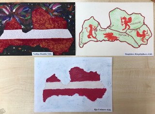 Trīs zīmējumi ar latvijas kontūru sarkanbaltsarkanā krāsā.