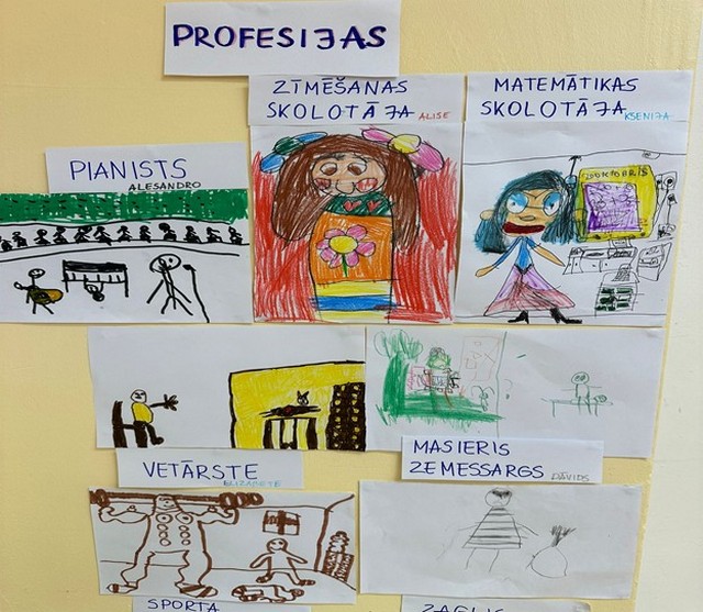 Siena ar skolēnu zīmējumiem par dažādām profesijām.