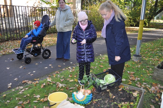 Skolēni un skolotājas ārā apsakta dažādus rudens dārzeņus.